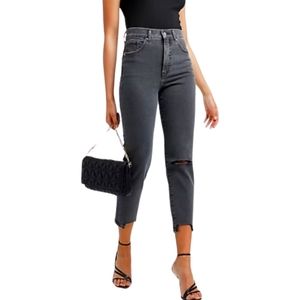 Super High Waisted Black Ripped Raw Hem Mom Jeans